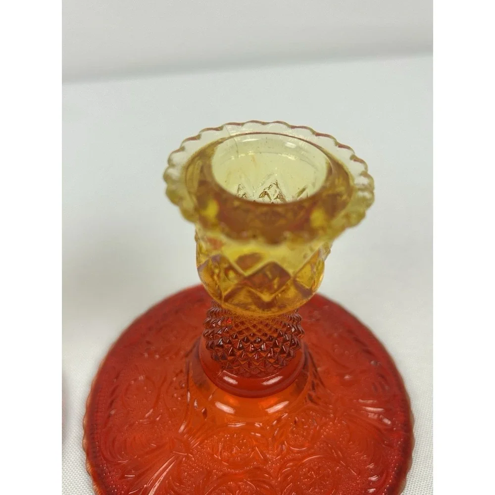 Vintage Candlesticks Glass Muti-color Red Yellow Orange 3 3/4 Tall